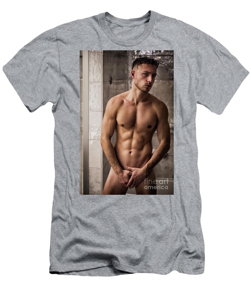 Naked Athletic Handsome Young Man in Bathroom T-Shirt