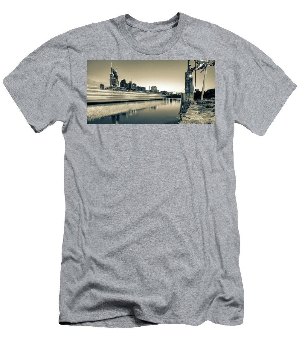 Nashville Skyline T-Shirt featuring the photograph Nashville Skyline From The East Bank Greenway - Sepia Panorama by Gregory Ballos
