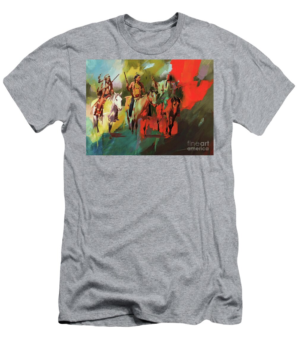 Native American Indian T-Shirt featuring the painting Native American on Horses by Gull G
