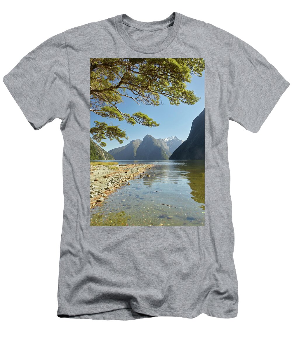 Estock T-Shirt featuring the digital art New Zealand, South Island, Southland, Oceania, Fiordland National Park, Milford Sound by Rainer Mirau