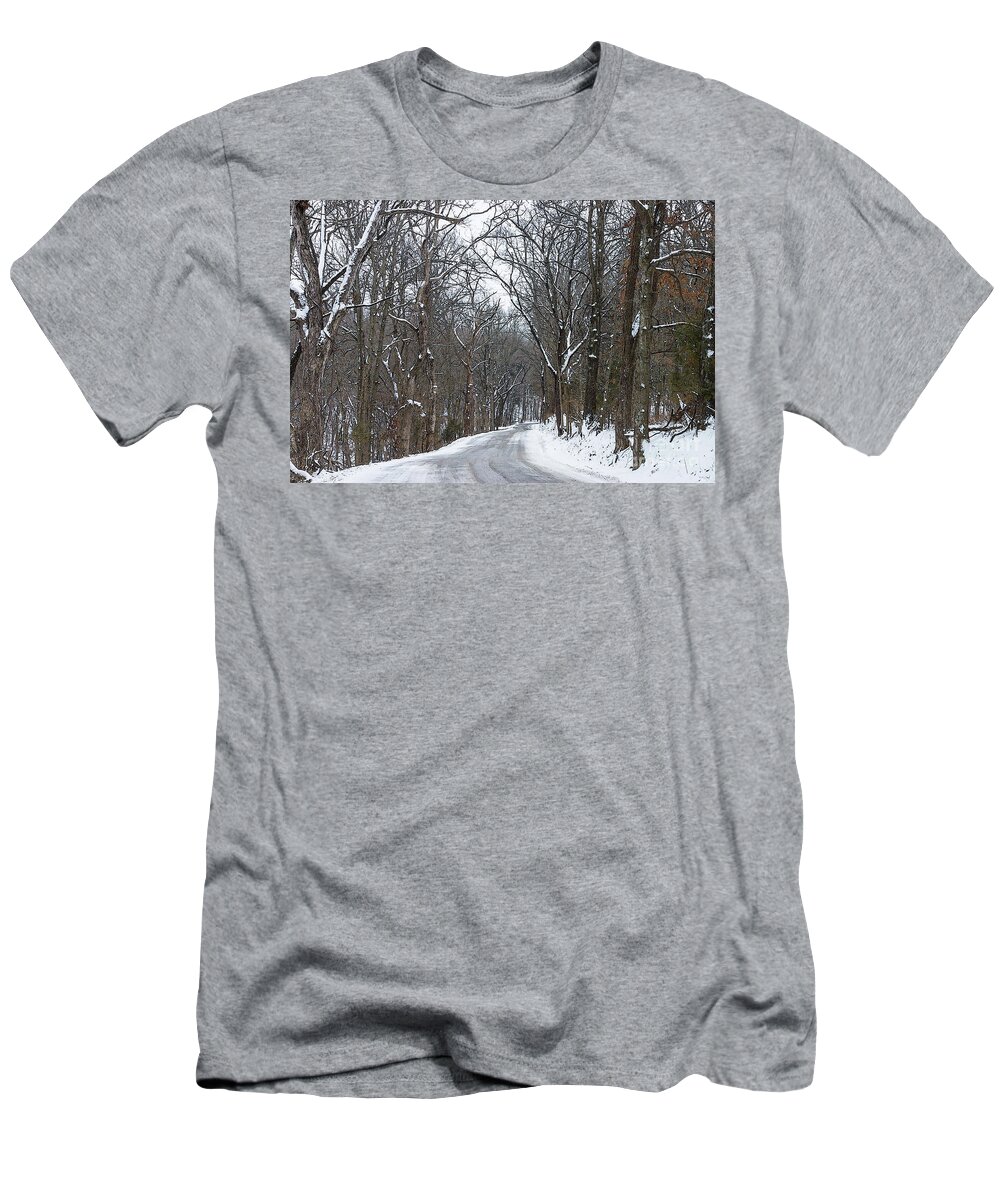Country Road T-Shirt featuring the mixed media Ozark Snow Covered Road Painterly by Jennifer White