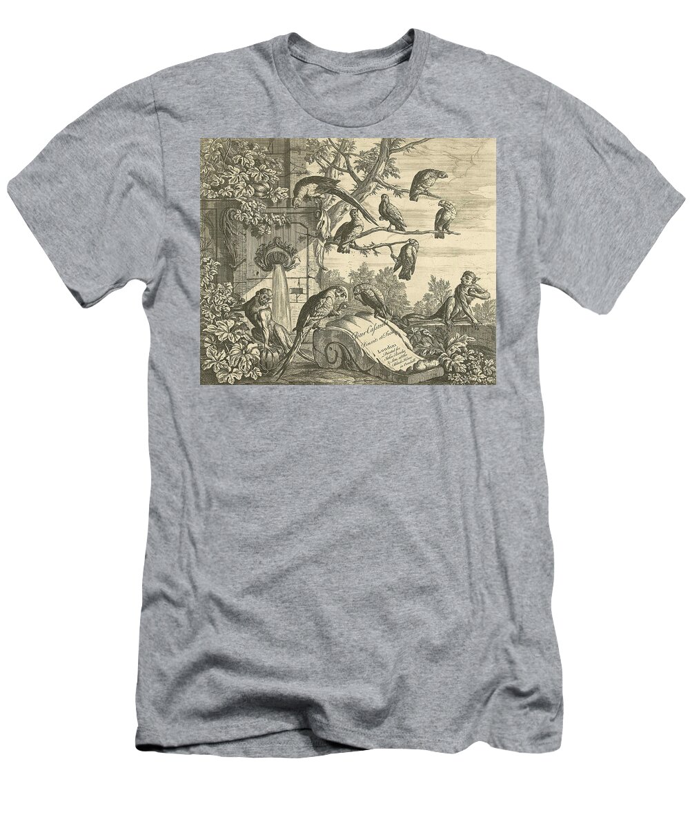 18th Century Art T-Shirt featuring the relief Parrots and Monkeys at a Garden Fountain by Pieter Casteels