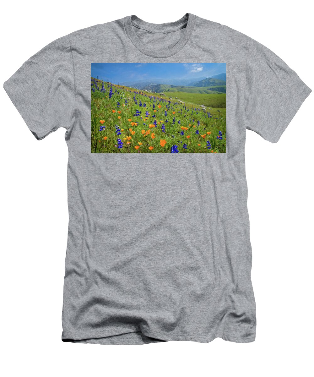 Arvin T-Shirt featuring the photograph Poppies and Lupines on Bear Mountain Road by Lynn Bauer