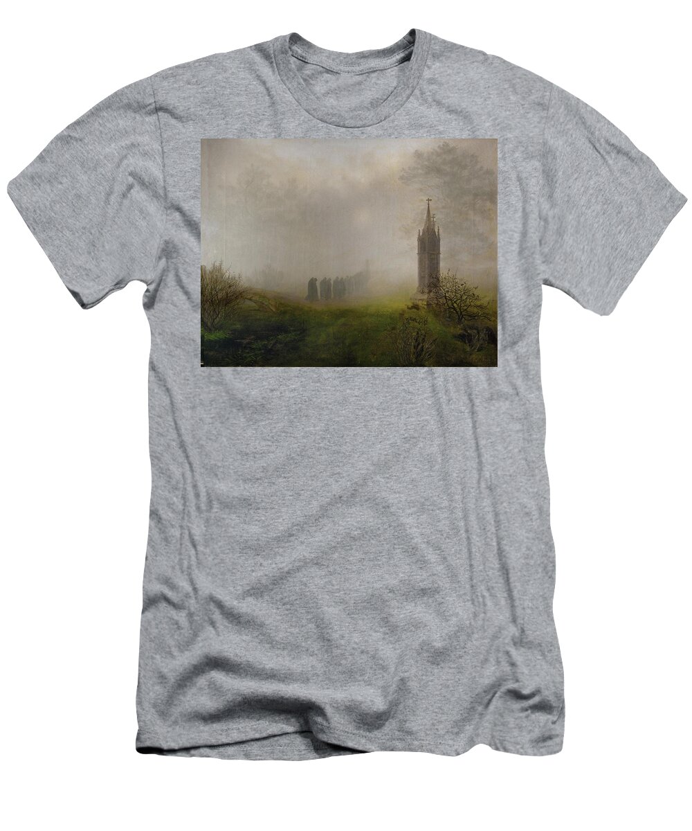 Ernst Ferdinand Oehme T-Shirt featuring the painting Procession in the fog. Oil on canvas -1828- 81.5 x 105.5 cm. by Ernst Ferdinand Oehme