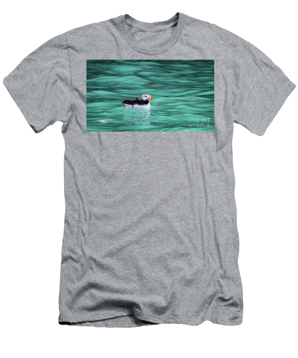 Puffin T-Shirt featuring the photograph Puffin in Resurrection Bay, Alaska by Lyl Dil Creations