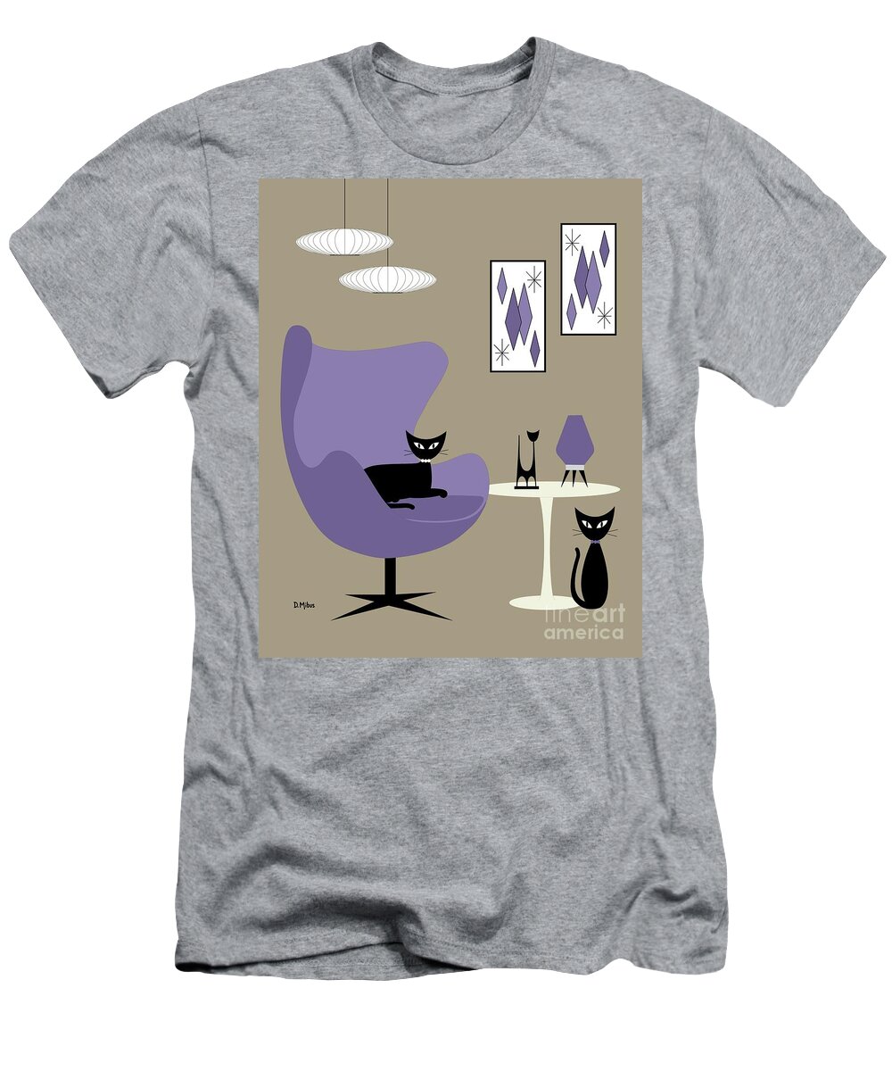 Mid Century Modern T-Shirt featuring the digital art Purple Egg Chair with Cats by Donna Mibus