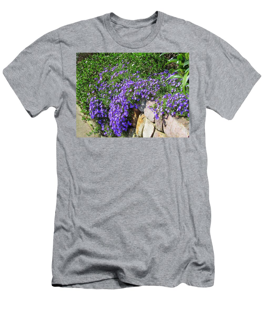 Lilac T-Shirt featuring the photograph Purple flowers on a stone fence by Patricia Piotrak