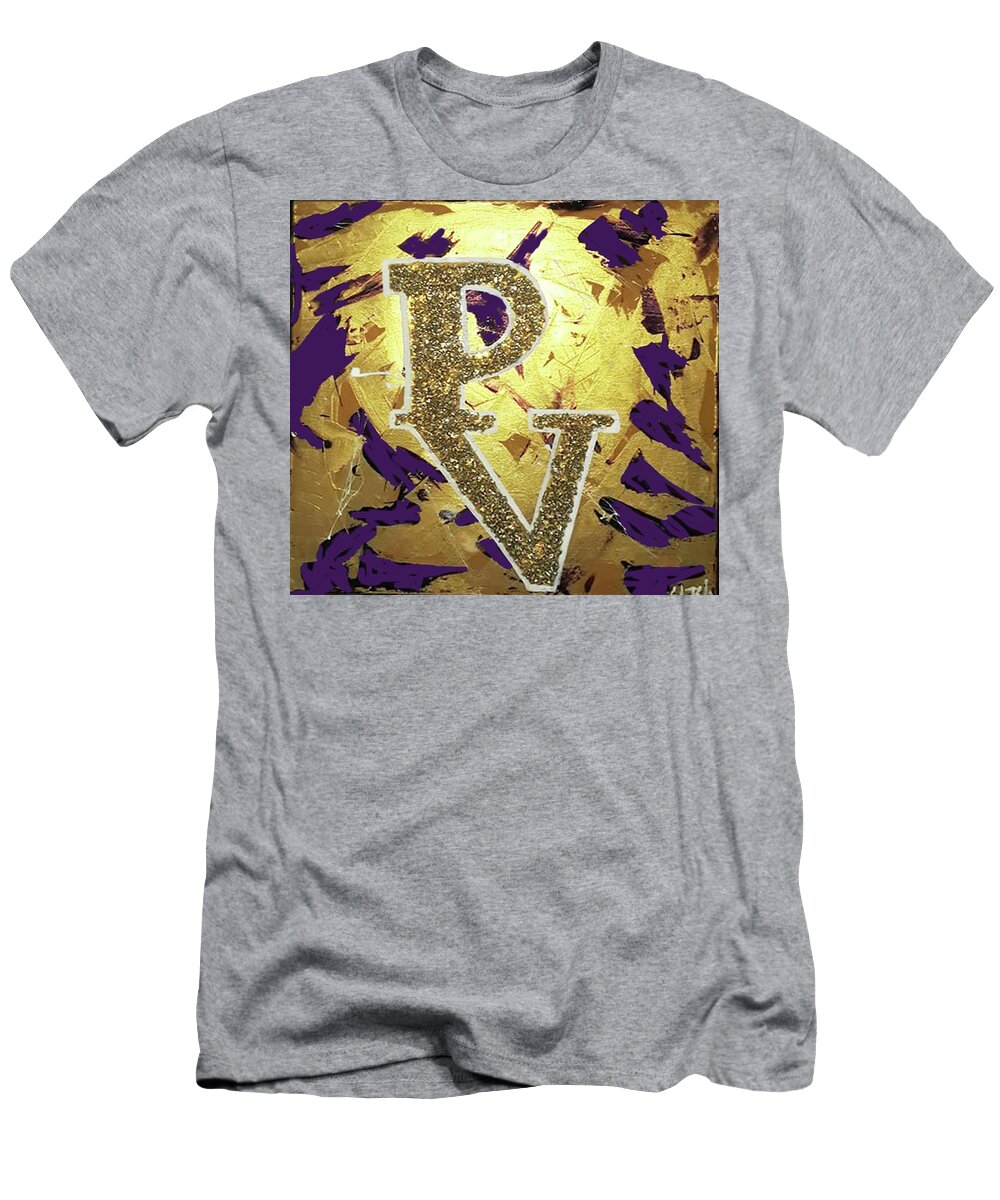 Pv Gold And Purple T-Shirt featuring the painting PV-UKnow by Femme Blaicasso