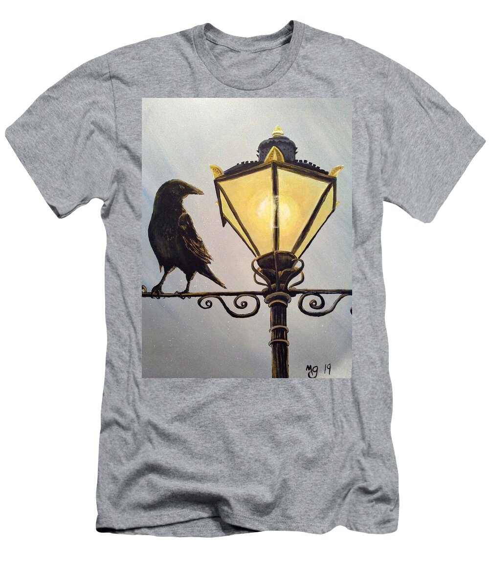 Raven T-Shirt featuring the painting Raven on Tower of London Lamp by Mindy Gibbs