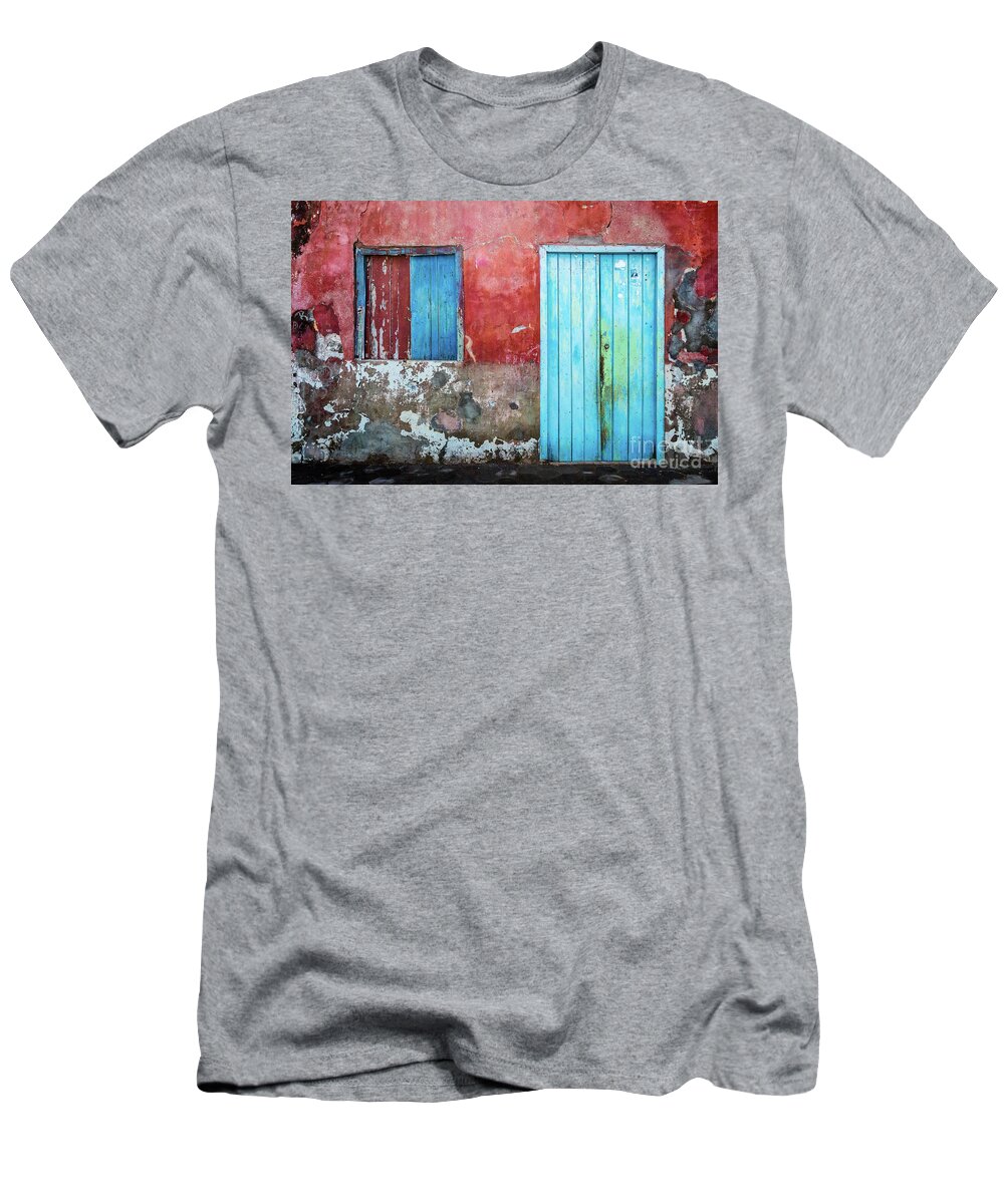 Wall T-Shirt featuring the photograph Red, blue and grey wall, door and window by Lyl Dil Creations