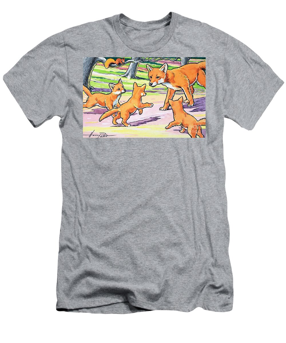Little Red Squirrel T-Shirt featuring the painting Red Fox and her cubs by Harry M Pettit