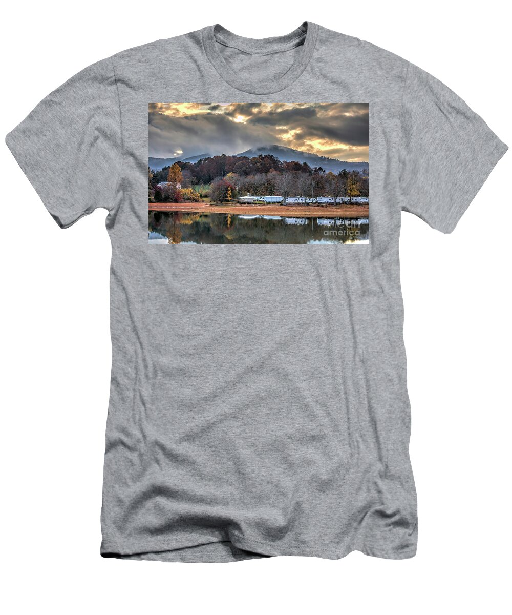 Reflections T-Shirt featuring the photograph Reflections, Autumn At North Georgia Mountain Lake After Rain At Sunset by Felix Lai