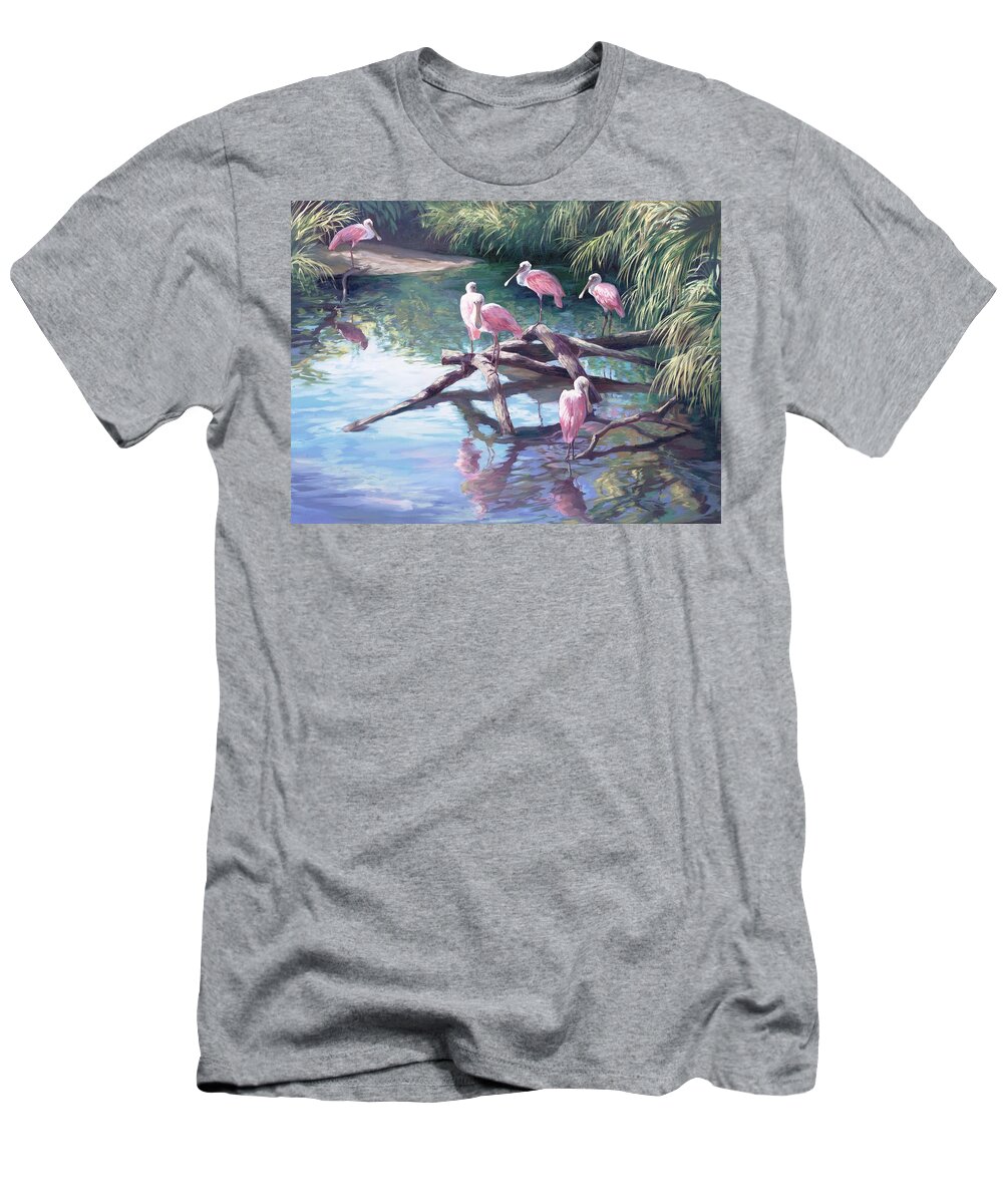 Spoonbills T-Shirt featuring the painting Rosette Spoonbills by Laurie Snow Hein