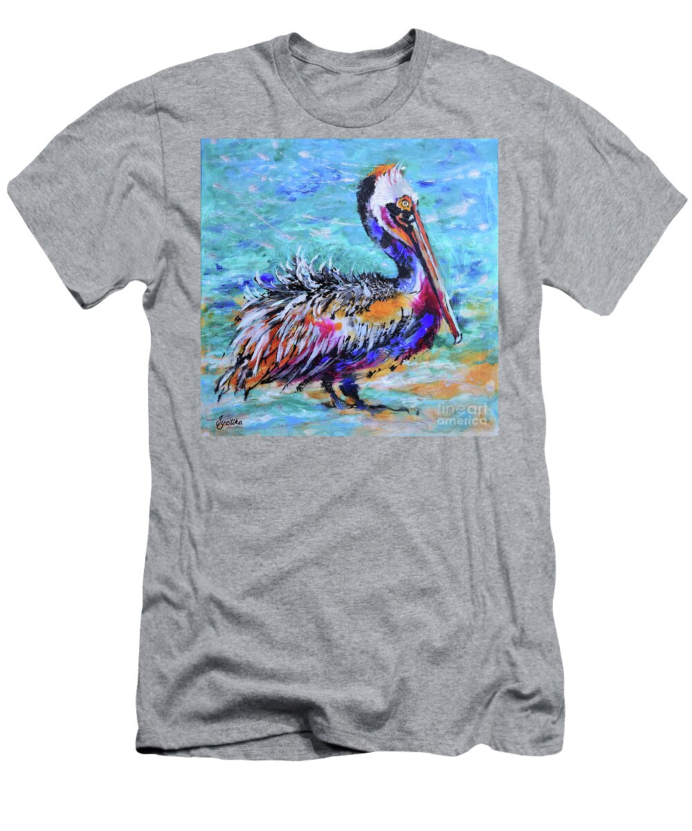 Pelican T-Shirt featuring the painting Ruffled Pelican by Jyotika Shroff