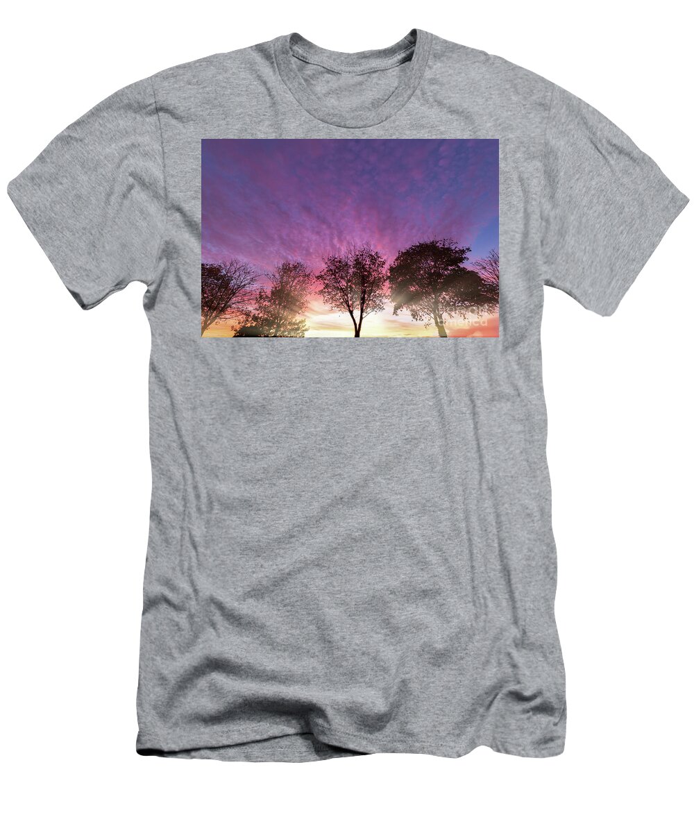 Alone T-Shirt featuring the photograph Rural purple sunset over winter trees by Simon Bratt