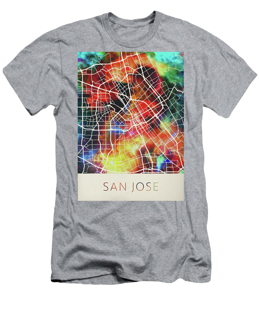 San Jose T-Shirt featuring the mixed media San Jose California Watercolor City Street Map by Design Turnpike