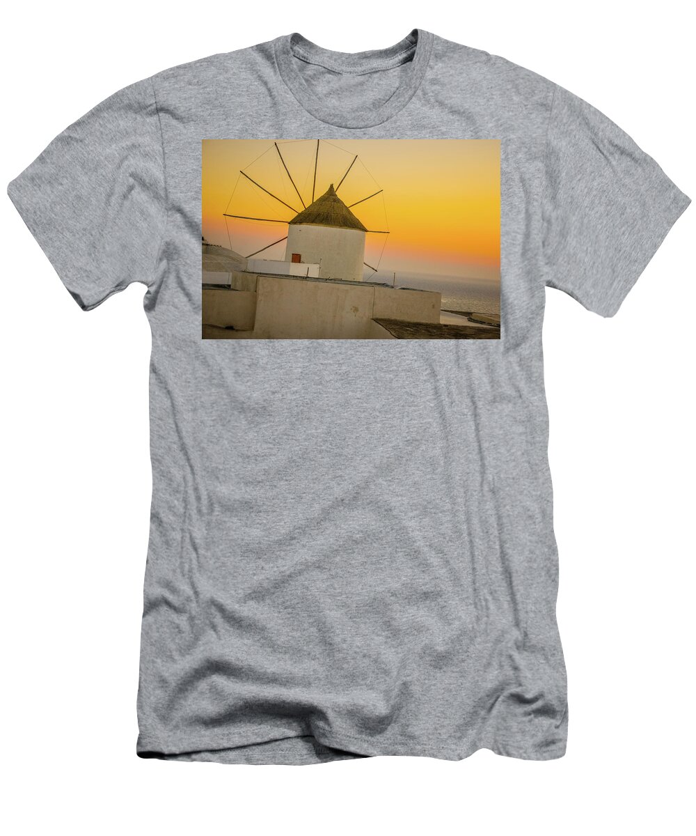 Aegean T-Shirt featuring the photograph Santorini Windmill Sunset by Tito Slack
