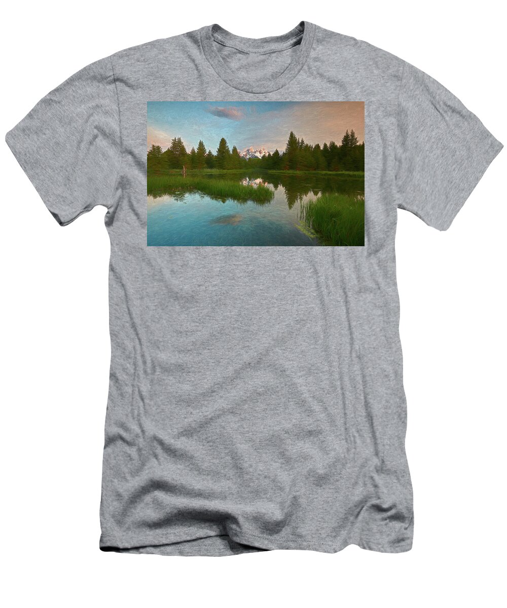 Tetons T-Shirt featuring the digital art Schwabacher Morning III by Jon Glaser