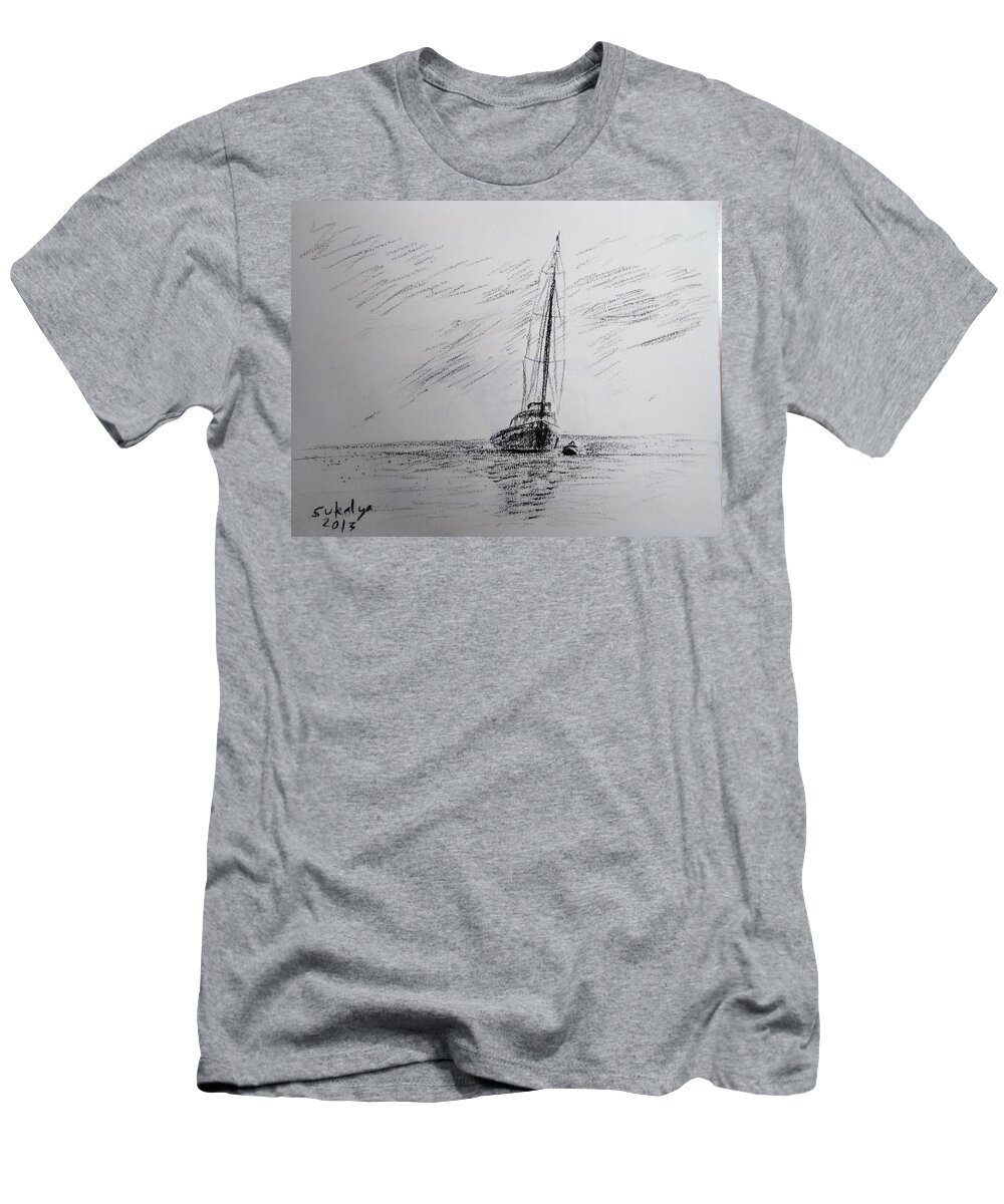 Sea T-Shirt featuring the drawing Seeing the ship by Sukalya Chearanantana
