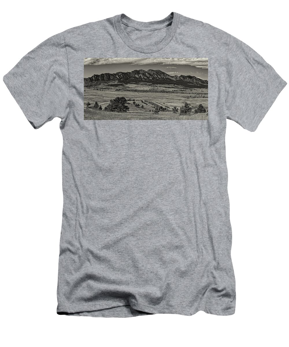 Colorado T-Shirt featuring the photograph Sepia Panorama of Flatirons Mountain Range in Boulder - Rocky Mountains Colorado by Silvio Ligutti
