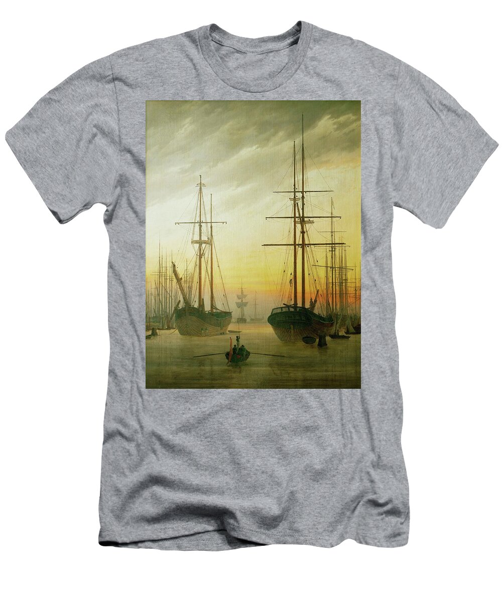 Caspar David Friedrich T-Shirt featuring the painting Ships in the harbour. Oil on canvas. by Caspar David Friedrich -1774-1840-