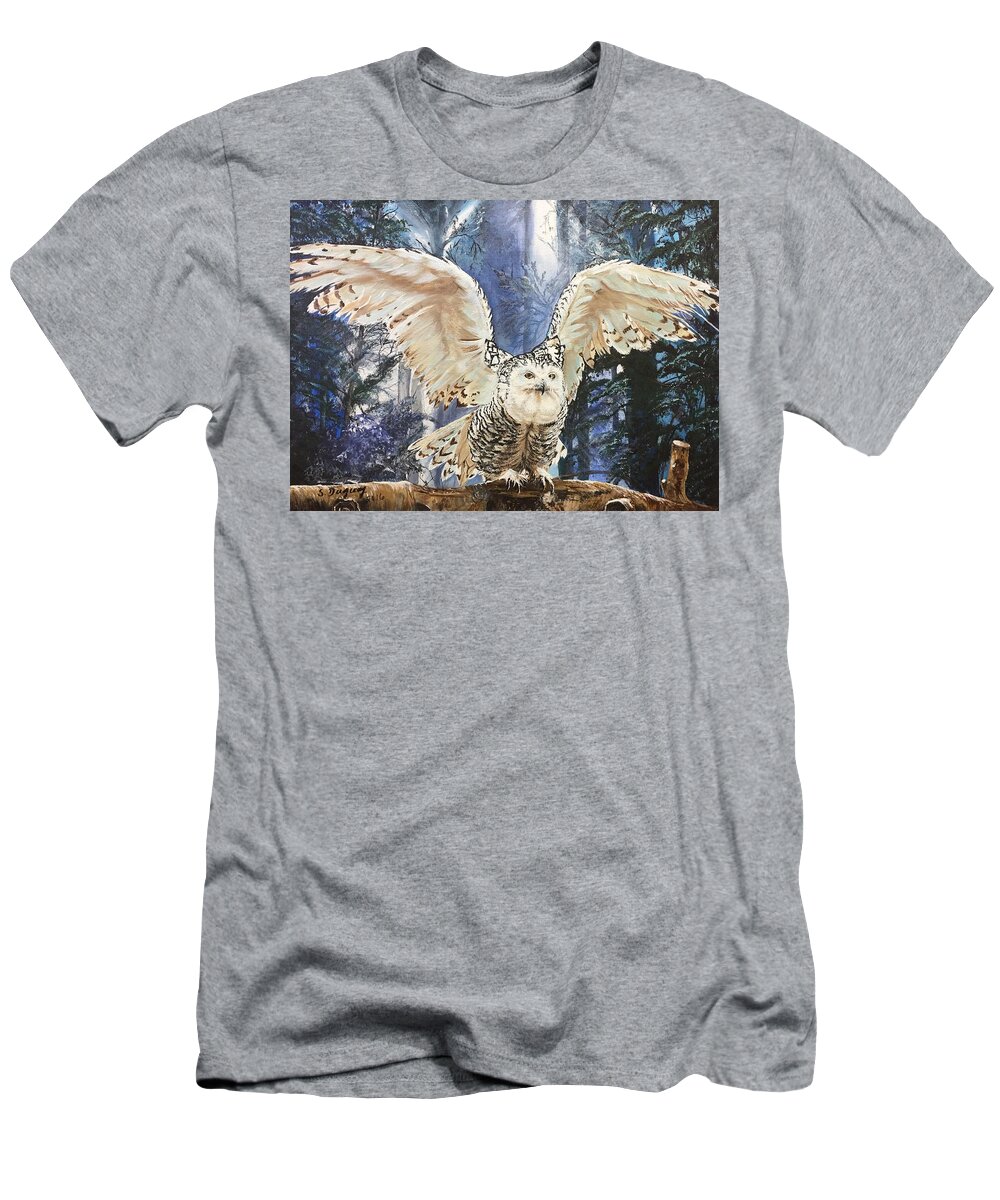 Owl T-Shirt featuring the painting Snowy Owl on Takeoff by Sharon Duguay
