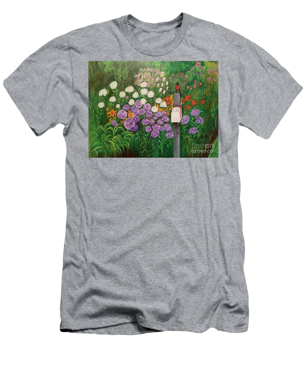 Flower T-Shirt featuring the painting Springtime Mail, 2nd in the Mailbox Series by Elizabeth Mauldin