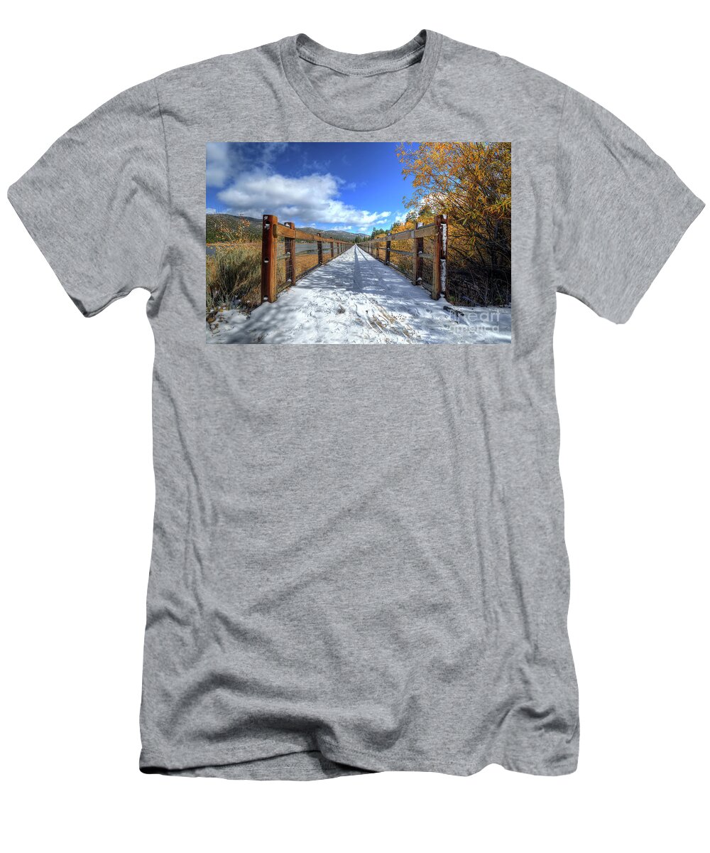 Stanfield; Marsh; Wildlife; Waterfowl; Preserve; Bridge; Wood; Snow; Trees; Bush; Branches; Leaves; Yellow; White; Blue; Sky; Clouds; Nikon; Big Bear; California T-Shirt featuring the photograph Stanfield Marsh Wildlife and Waterfowl Preserve Bridge by Eddie Yerkish