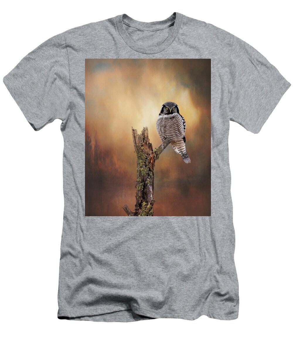 Northern Hawk Owl T-Shirt featuring the photograph Stare Into My Eyes by Susan Rissi Tregoning