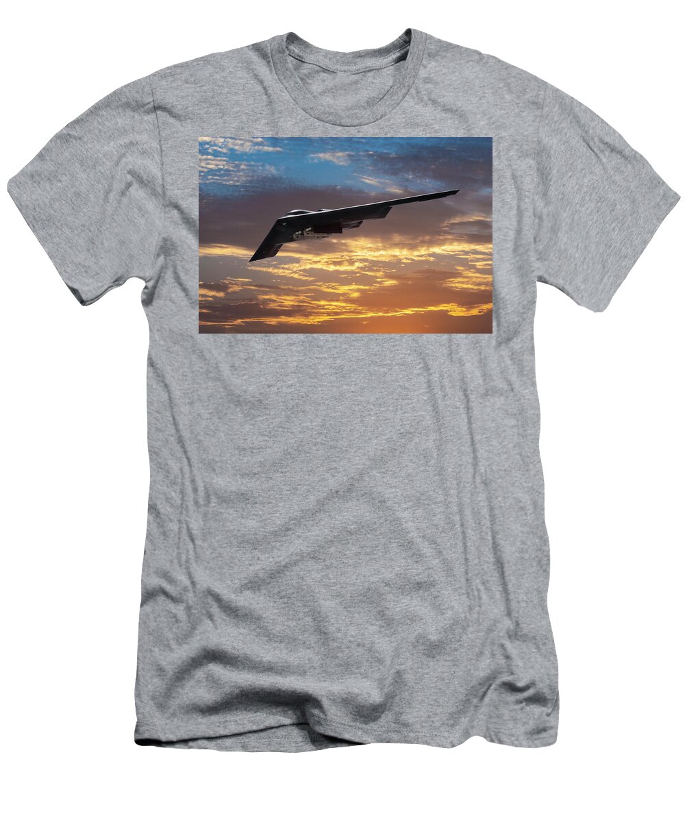 U.s. Air Force B-2 Stealth Bomber T-Shirt featuring the mixed media Stealth Bomber in Sunset by Erik Simonsen