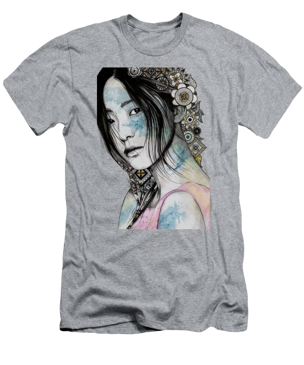 Mandala T-Shirt featuring the drawing Stoic - asian girl street art portrait with mandala doodles by Marco Paludet