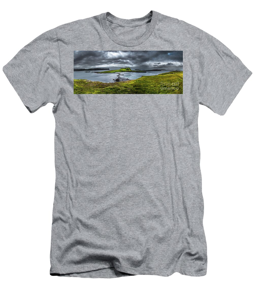 Adventure T-Shirt featuring the photograph Stony Sandbank To Sunlit Green Island At Low Tide On The Isle Of Skye In Scotland by Andreas Berthold