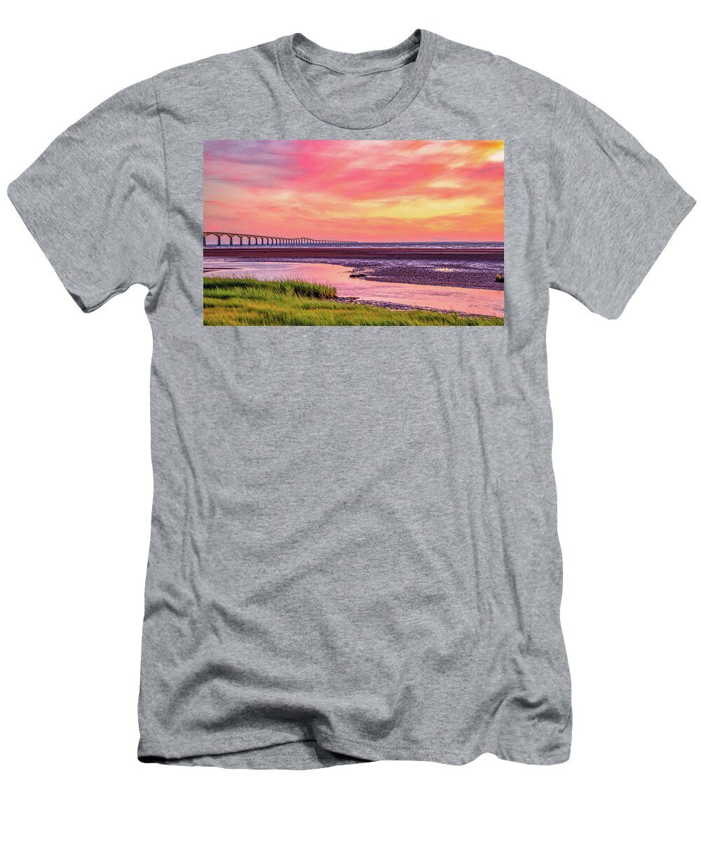Pei T-Shirt featuring the photograph Summer Sunset at Confederation Bridge, Painterly by Marcy Wielfaert