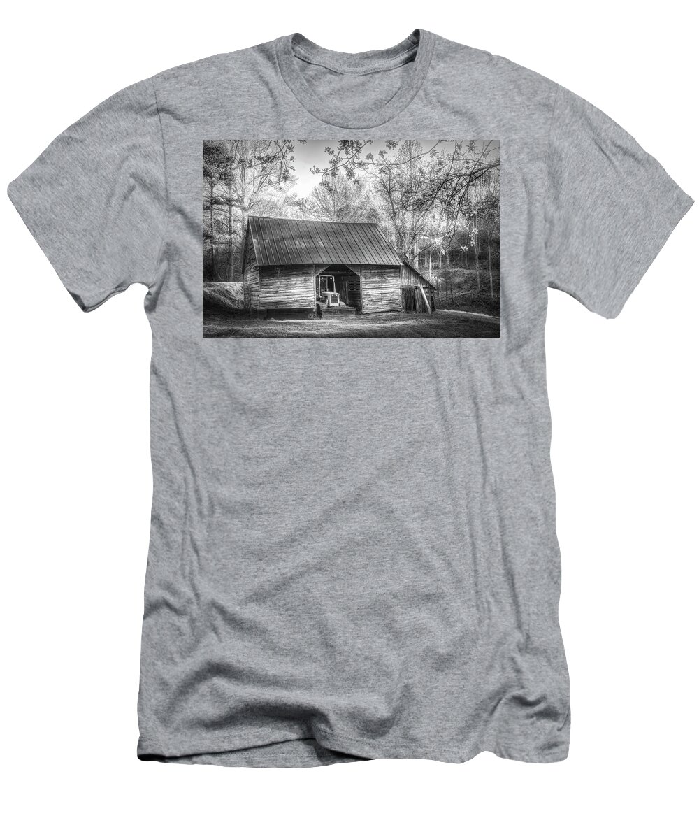 Barn T-Shirt featuring the photograph Sunlight on the Barn in Spring in Black and White by Debra and Dave Vanderlaan