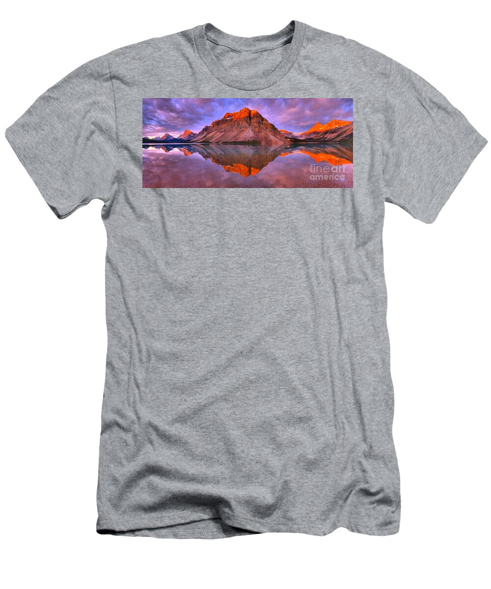 Bow Lake T-Shirt featuring the photograph Sunrise Across The Bow Lake Peaks by Adam Jewell