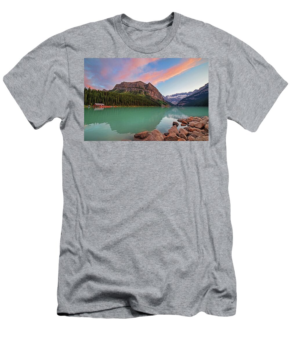 Lake T-Shirt featuring the photograph Sunset in Lake Louise Banff National Park by Toby McGuire