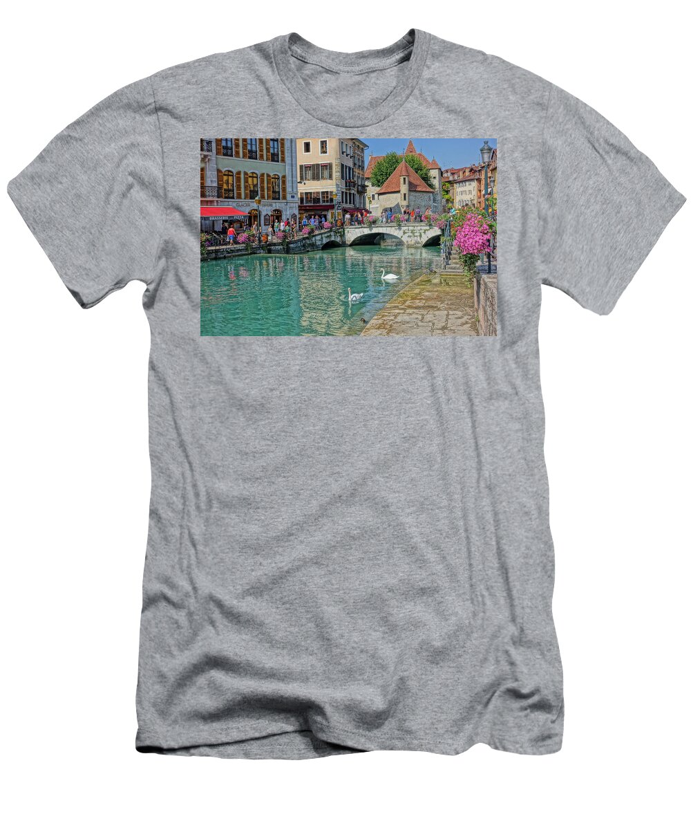 Canal T-Shirt featuring the photograph Swans Swimming in Annecy by Patricia Caron