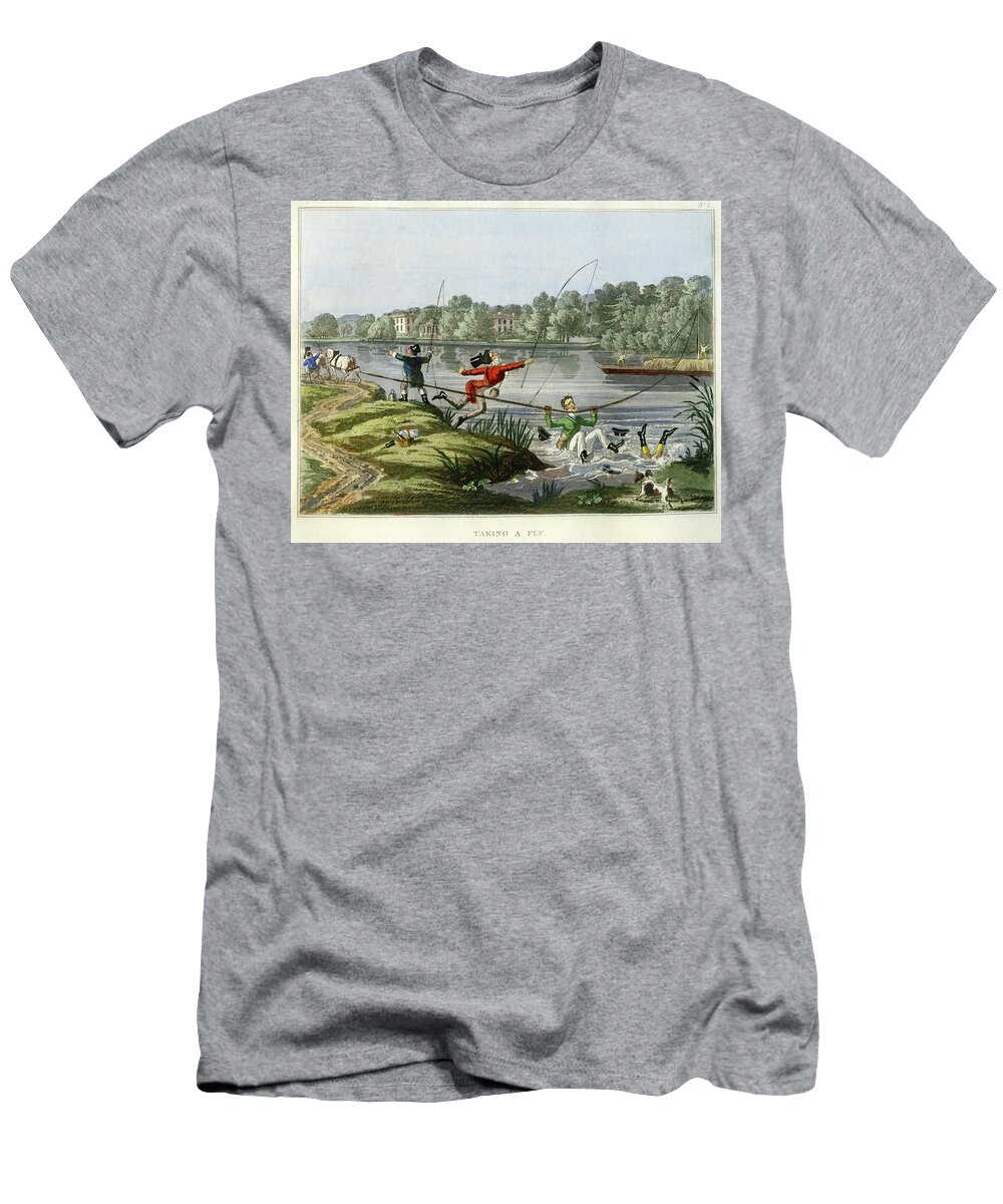 Fishing T-Shirt featuring the mixed media Taking a Fly by unsigned attributed to Edward Barnard