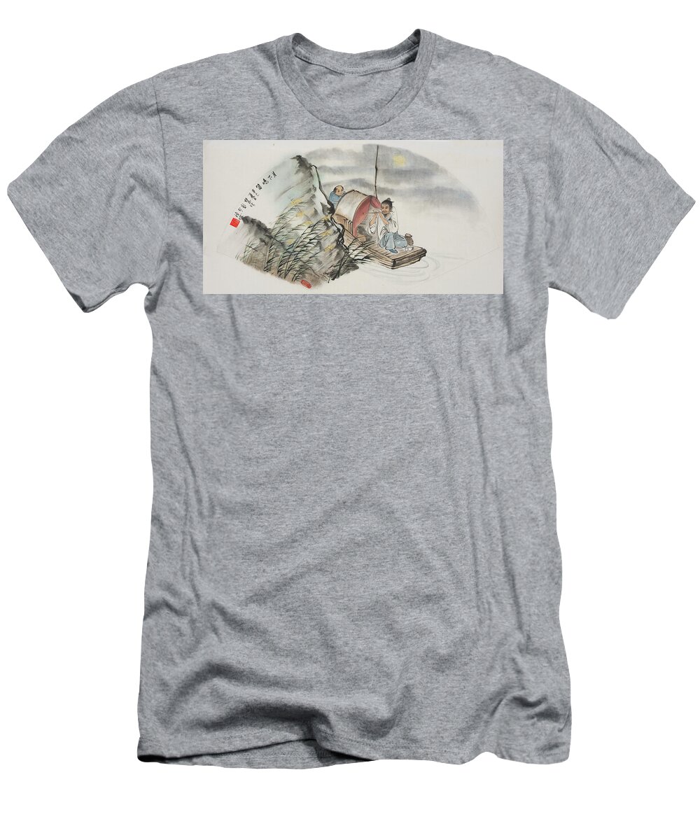 Chinese Watercolor T-Shirt featuring the painting Moonlight Flute Player by Jenny Sanders