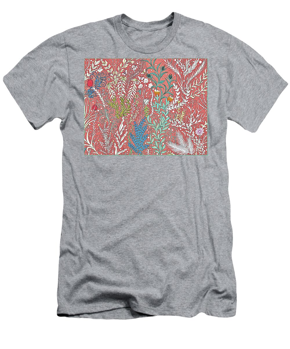 Lise Winne T-Shirt featuring the digital art Textured Salmon Colored Tapestry Design with Leaves and Butterflies by Lise Winne