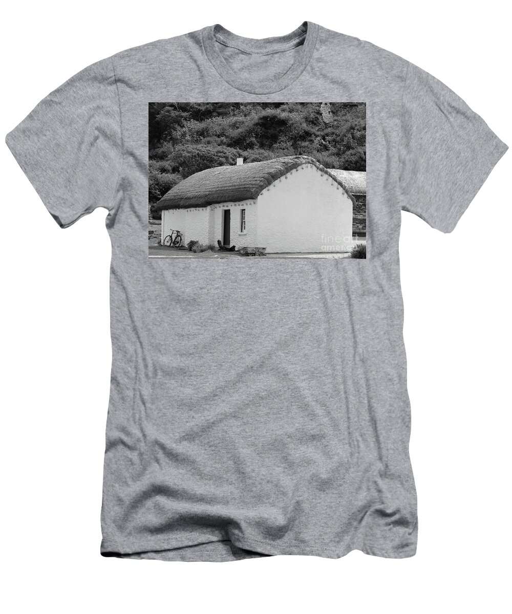 Donegal On Your Wall T-Shirt featuring the photograph Thatched Cottage Donegal bw by Eddie Barron