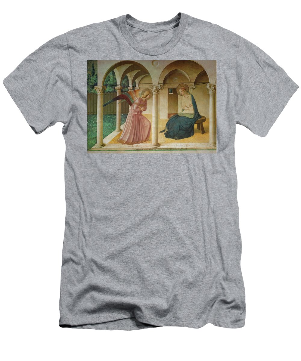 Archangel Gabriel T-Shirt featuring the painting The Annunciation. Fresco in the former dormitory of the Dominican monastery San Marco, Florence. by Fra Angelico -c 1395-1455-
