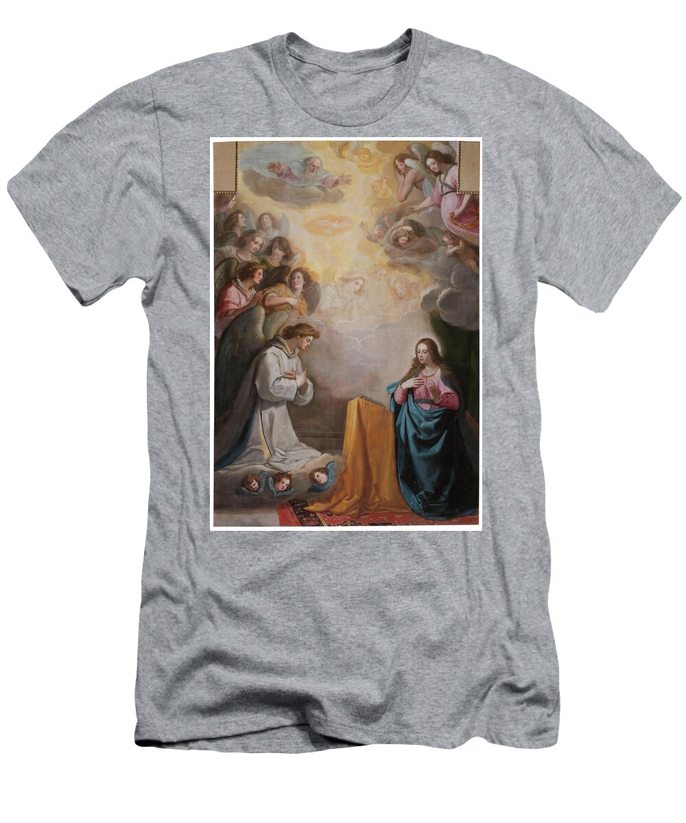 Vincenzo Carducci T-Shirt featuring the painting 'The Annunciation'. Late XVI - Primer tercio del siglo XVII century. Oil on ca... by Vincenzo Carducci -c 1576-1638-