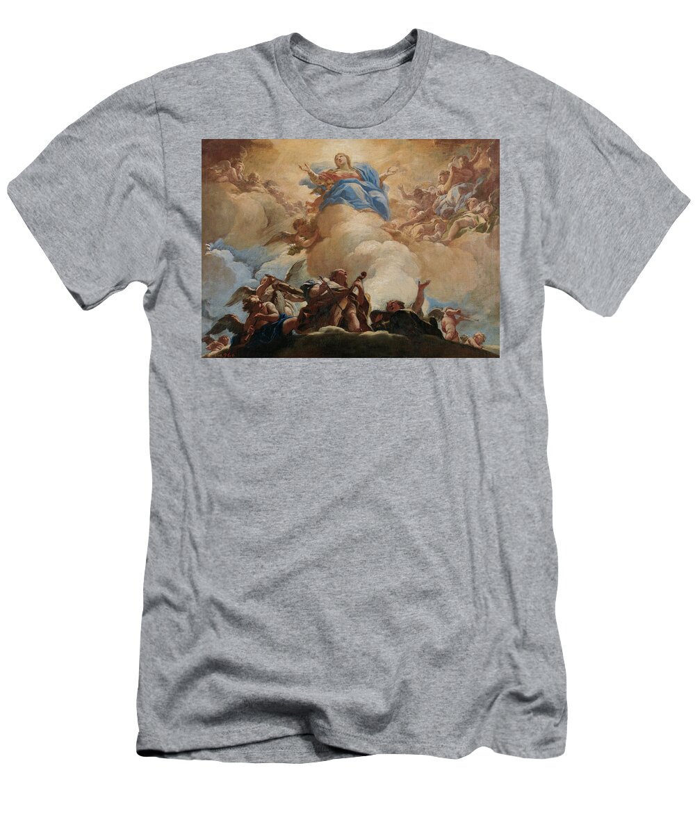 Giordano Luca T-Shirt featuring the painting 'The Assumption of the Virgin Mary', ca. 1700, Italian School, Oil on canvas, 61... by Luca Giordano -1634-1705-