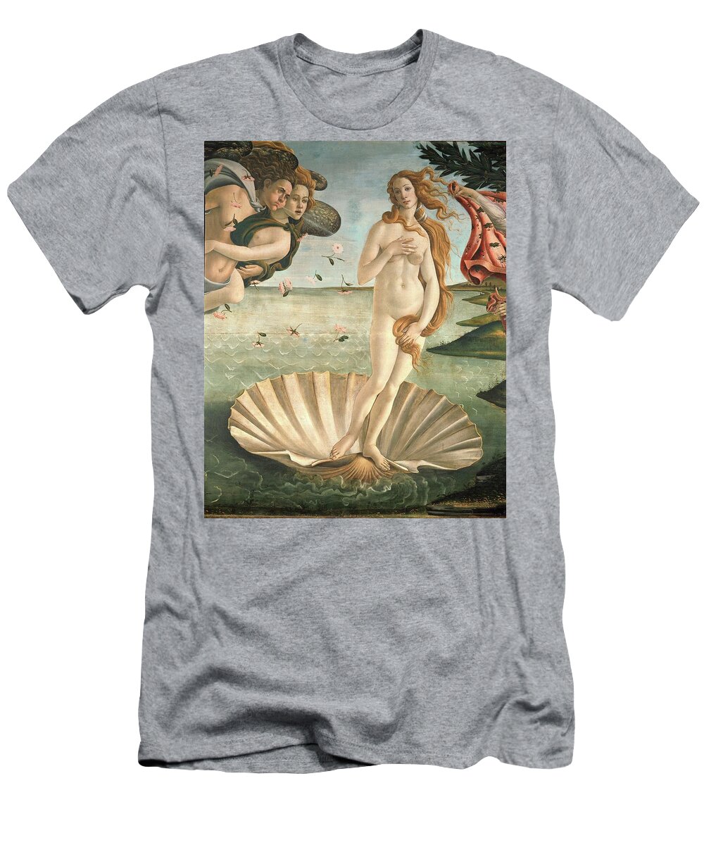 Aphrodite T-Shirt featuring the painting The Birth of Venus, 1478. Detail of the Birth of Venus in scallop shell. SANDRO BOTTICELLI . CLORIS. by Sandro Botticelli -1445-1510-