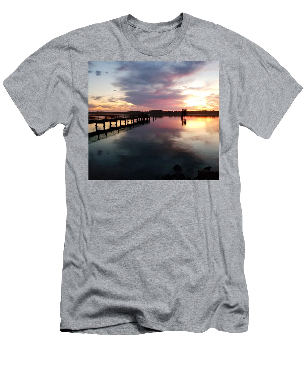 Coos Bay T-Shirt featuring the photograph The Hollering Place Pier at Sunset by Suzy Piatt