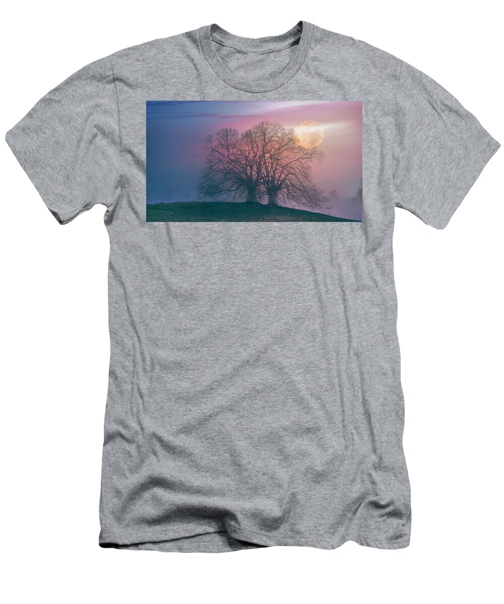 Carolina T-Shirt featuring the photograph The Moon Rises over the Hillsides in Soft Evening Blues by Debra and Dave Vanderlaan