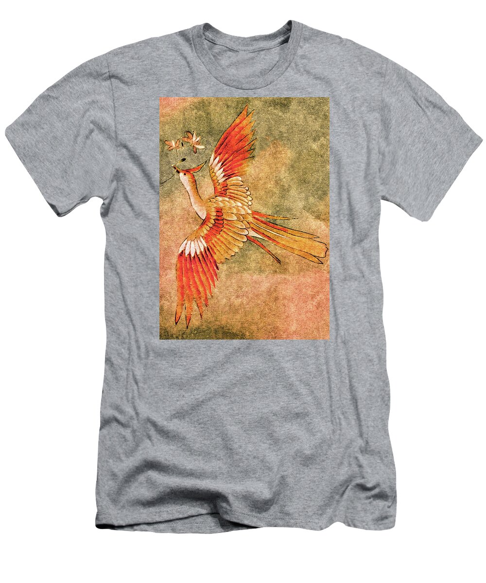 Flying Bird T-Shirt featuring the tapestry - textile The Peahen's Gift - Kimono Series by Susan Maxwell Schmidt