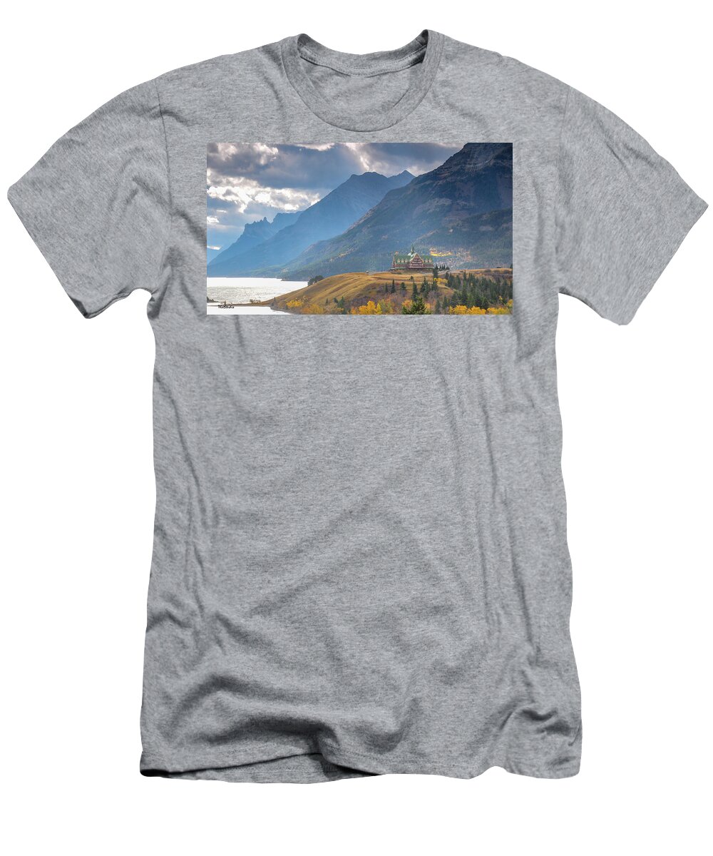 Prince Of Wales Hotel T-Shirt featuring the photograph The Prince of Wales Hotel Overlooking Upper Waterton Lakes by Tim Kathka
