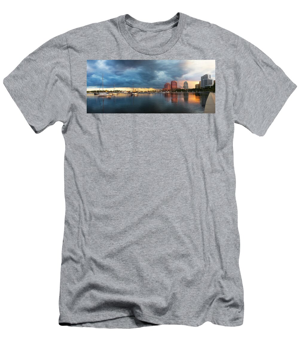 Boats T-Shirt featuring the photograph The Skyline of West Palm Beach at Sunset by Debra and Dave Vanderlaan